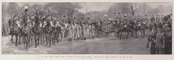 O progresso real através de Londres de Edward VII e a rainha, 25 de outubro, suas majestades entrando no portão de Marlborough do shopping